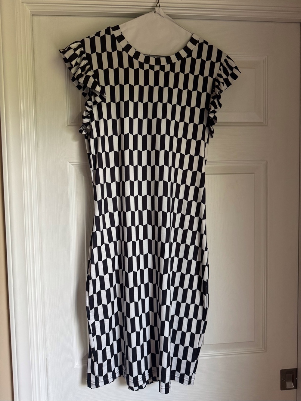 Black & White Geometric Midi Dress with Ruffle Sleeves